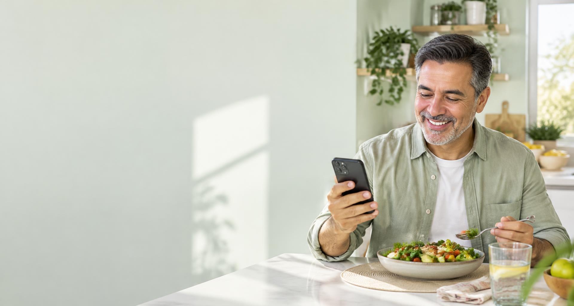 Un hombre disfruta de una comida equilibrada mientras consulta su teléfono